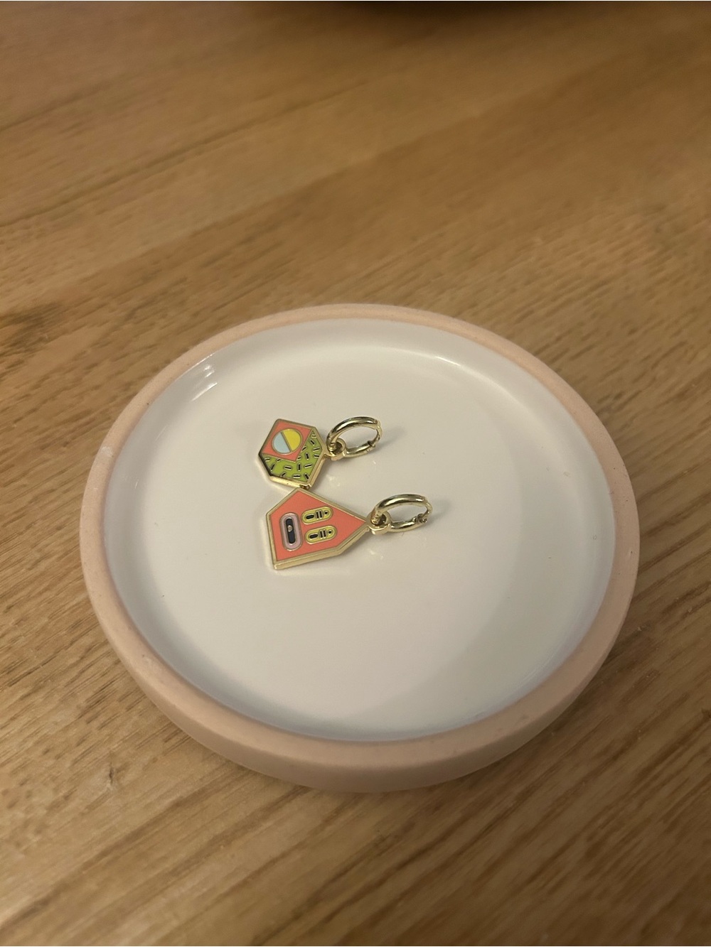 Colorful Enamel Charm Huggie Earrings - Coral & Lime - Picture 2 of 3